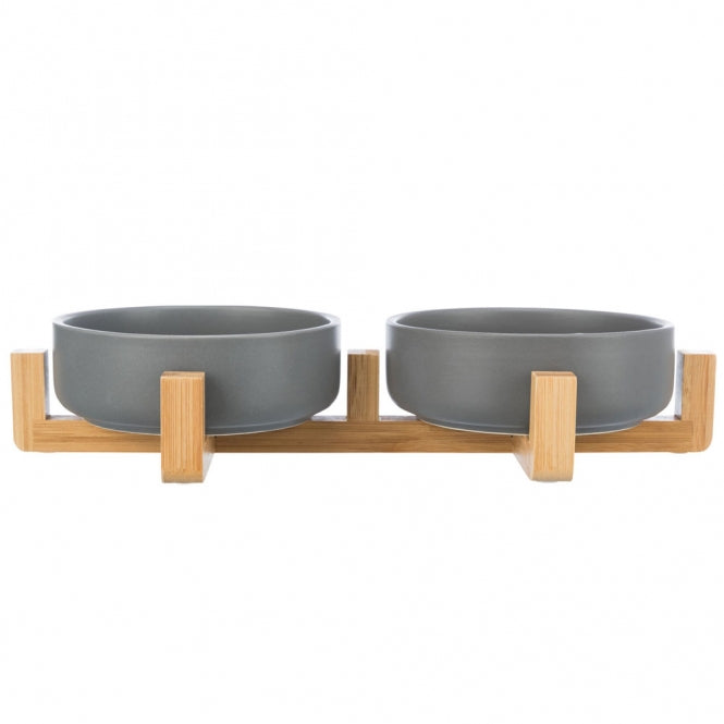 Trixie Napf-Set aus Keramik/Holz - grau/natur